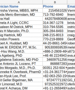 Screenshot of clinician sample data, columns a-c
