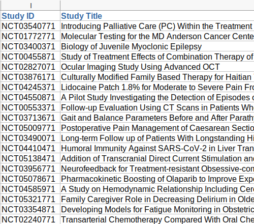 Screenshot of clinician sample data, columns i-j
