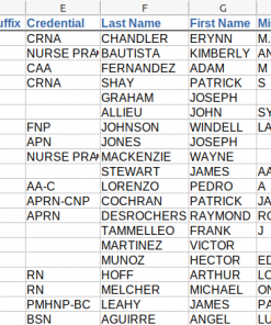 Screenshot of nurse sample data, columns dh