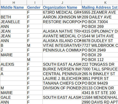 Screenshot of partial nurse data, columns h-k