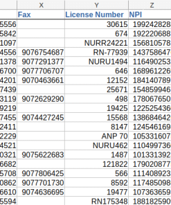 Screenshot of partial nurse data, columns w-z