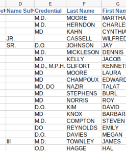 Screenshot of partial doctor data, columns c-g