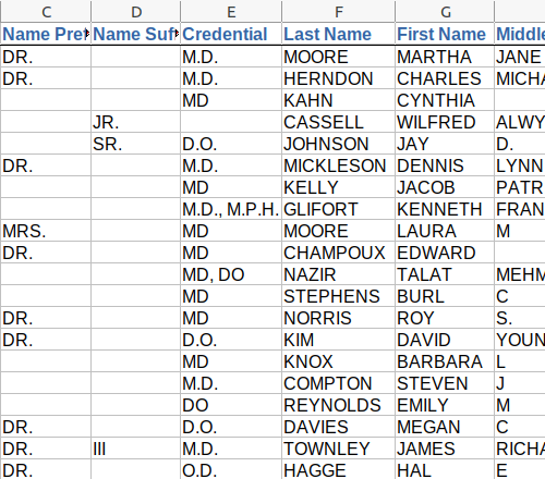 Screenshot of partial doctor data, columns c-g