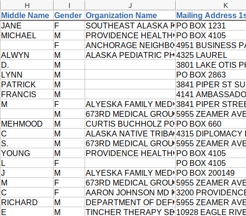 Screenshot of partial doctor data, columns h-k
