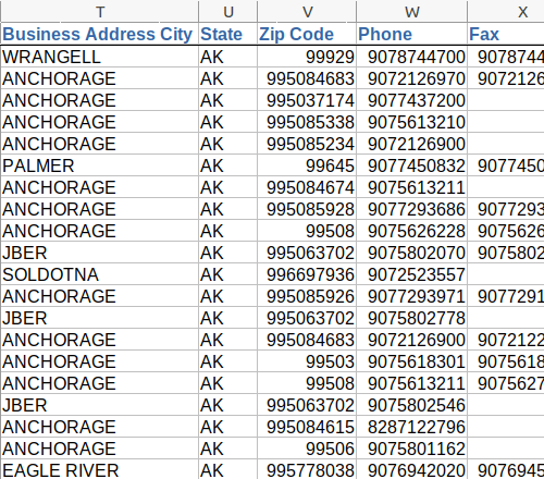 Screenshot of partial doctor data, columns t-x