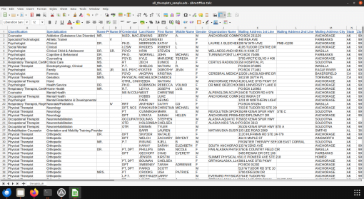 Screenshot of US therapists database spreadsheet (1 of 2)