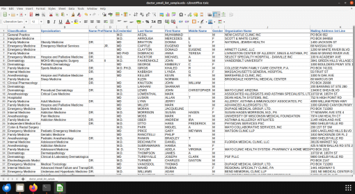 Screenshot of US doctor email database spreadsheet (1 of 2)